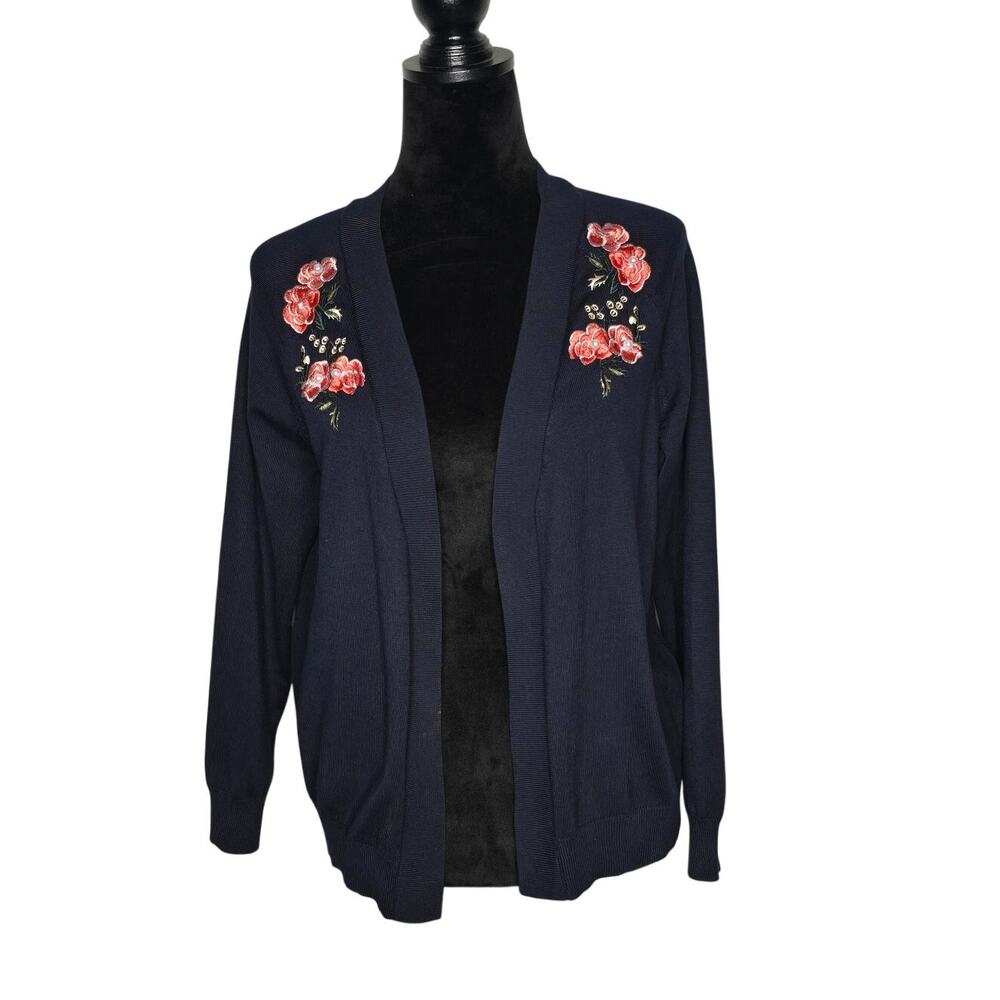 Esperanza XL Navy Floral Embroidered Pearl Open Front Cardigan Sweater